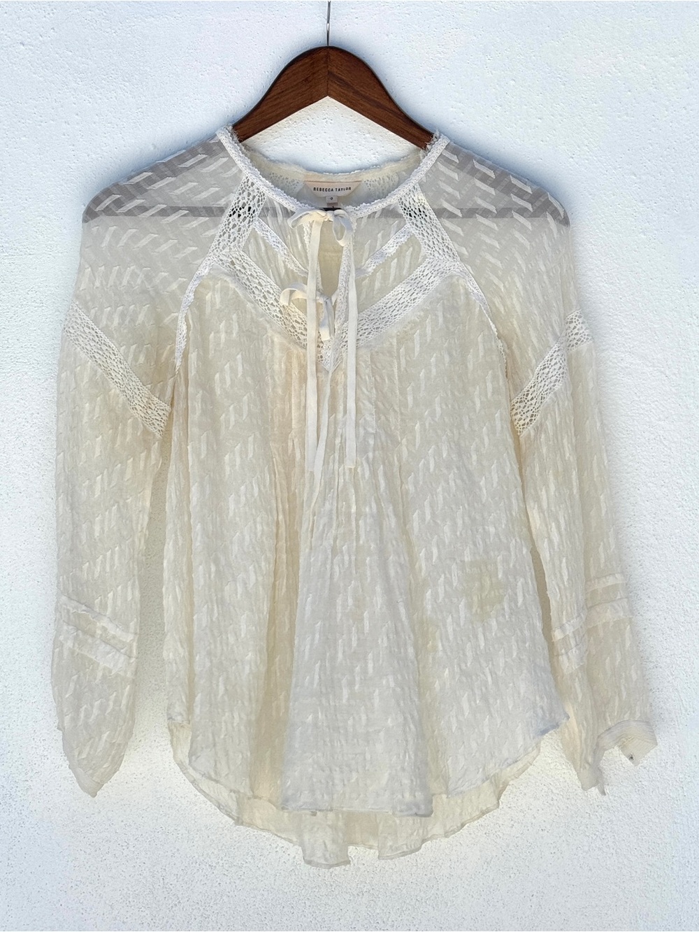 Rebecca Taylor Ivory Lace-Trim Tie-Neck Blouse